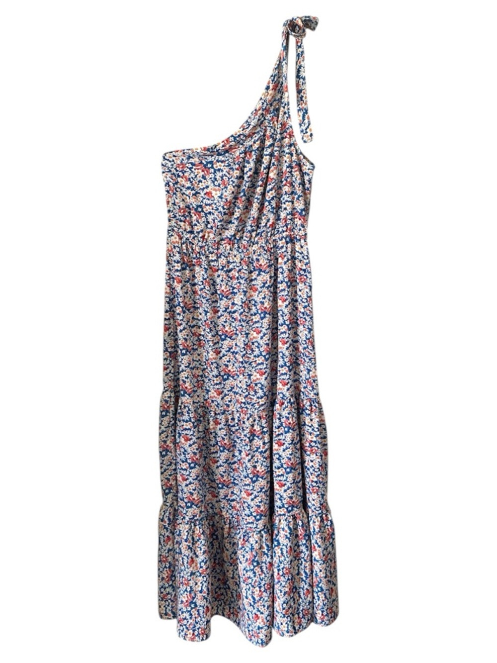 PrettyGarden Blue Boho Floral Tiered One Shoulder Maxi Dress Sz M Coastal Beach - Picture 3 of 12